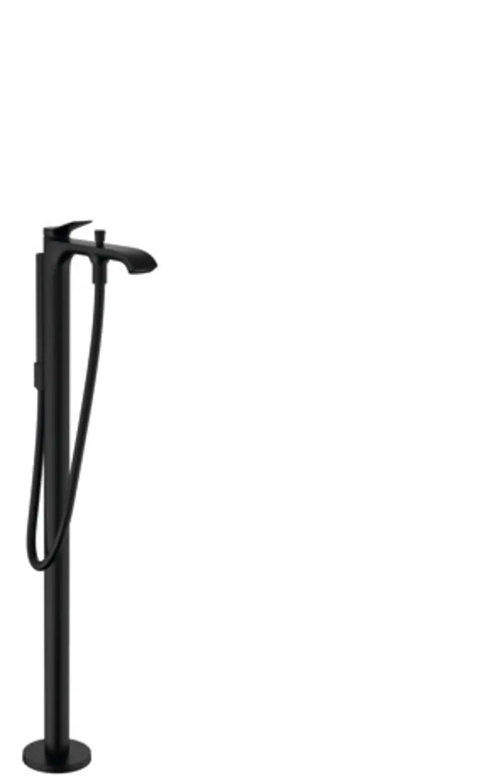Bodenstehender Einhebel-Wannenmischer in mattschwarz von Hansgrohe, ausgestattet mit einem flexiblen Auslaufhahn und einer Handbrause, montiert auf einem stabilen Standrohr.